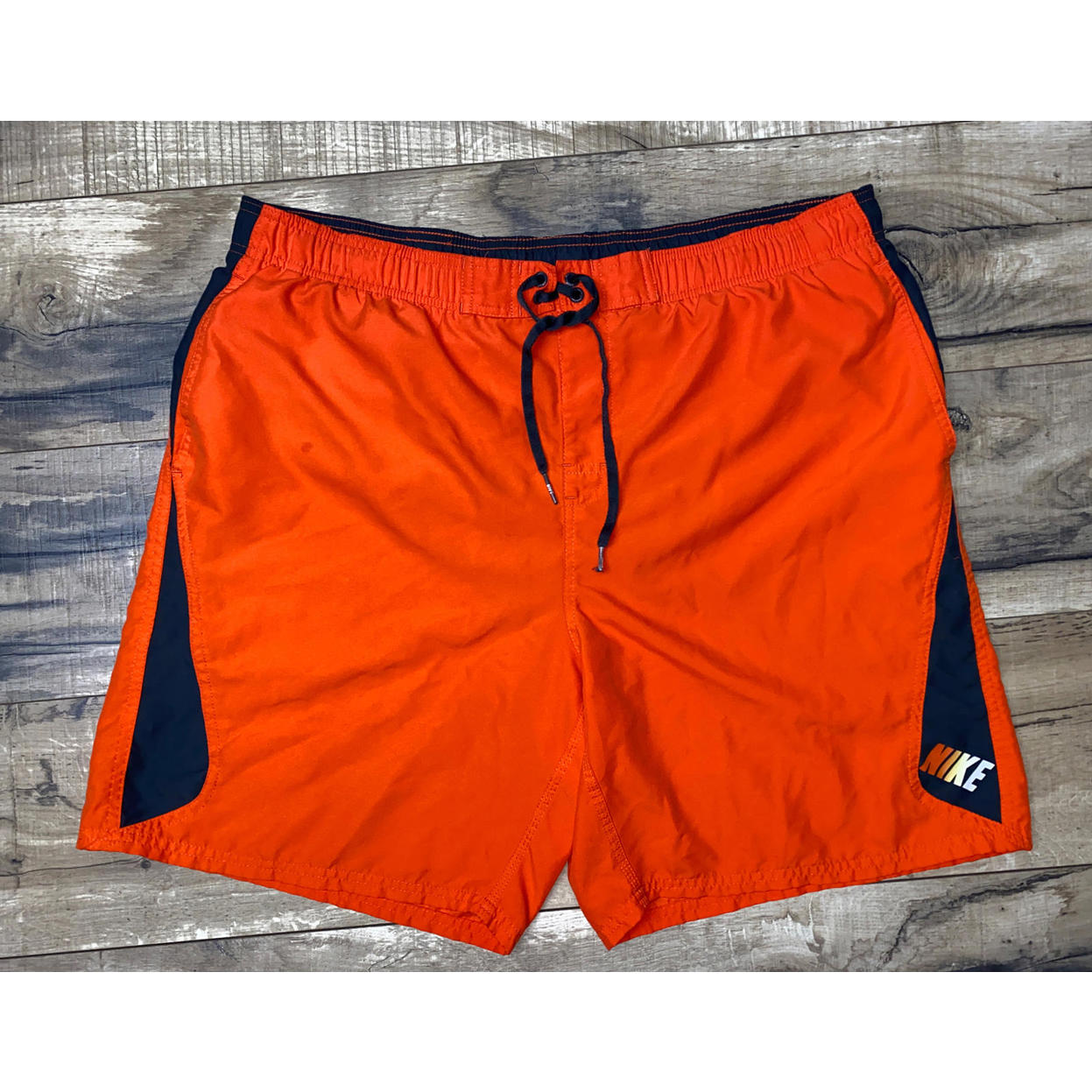 Nike Vtg Spellout Center Swoosh Swim Shorts Trunks Xl Orange Gray Trim Logo .